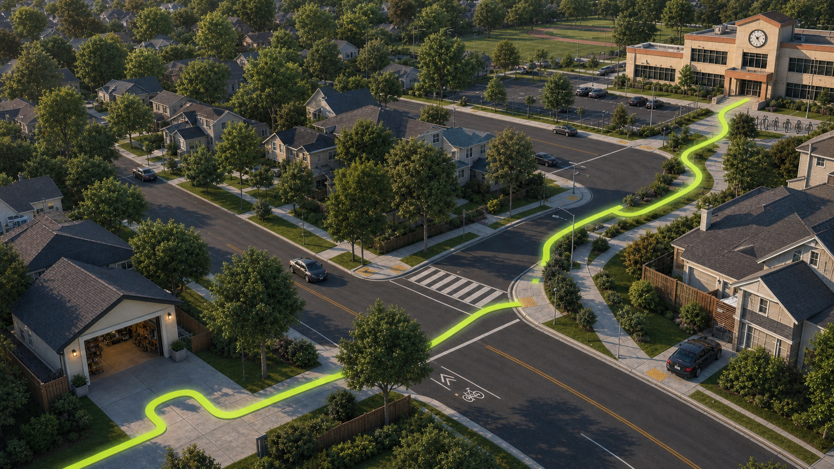 An aerial American neighborhood route from a home garage, through an intersection and shared path, to a school campus